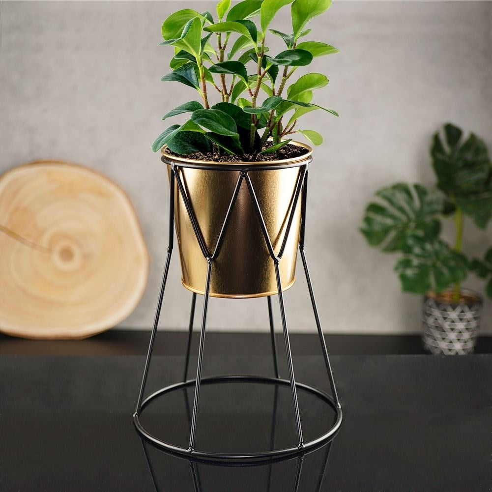 Elegant pot in gold with stylish black metal stand