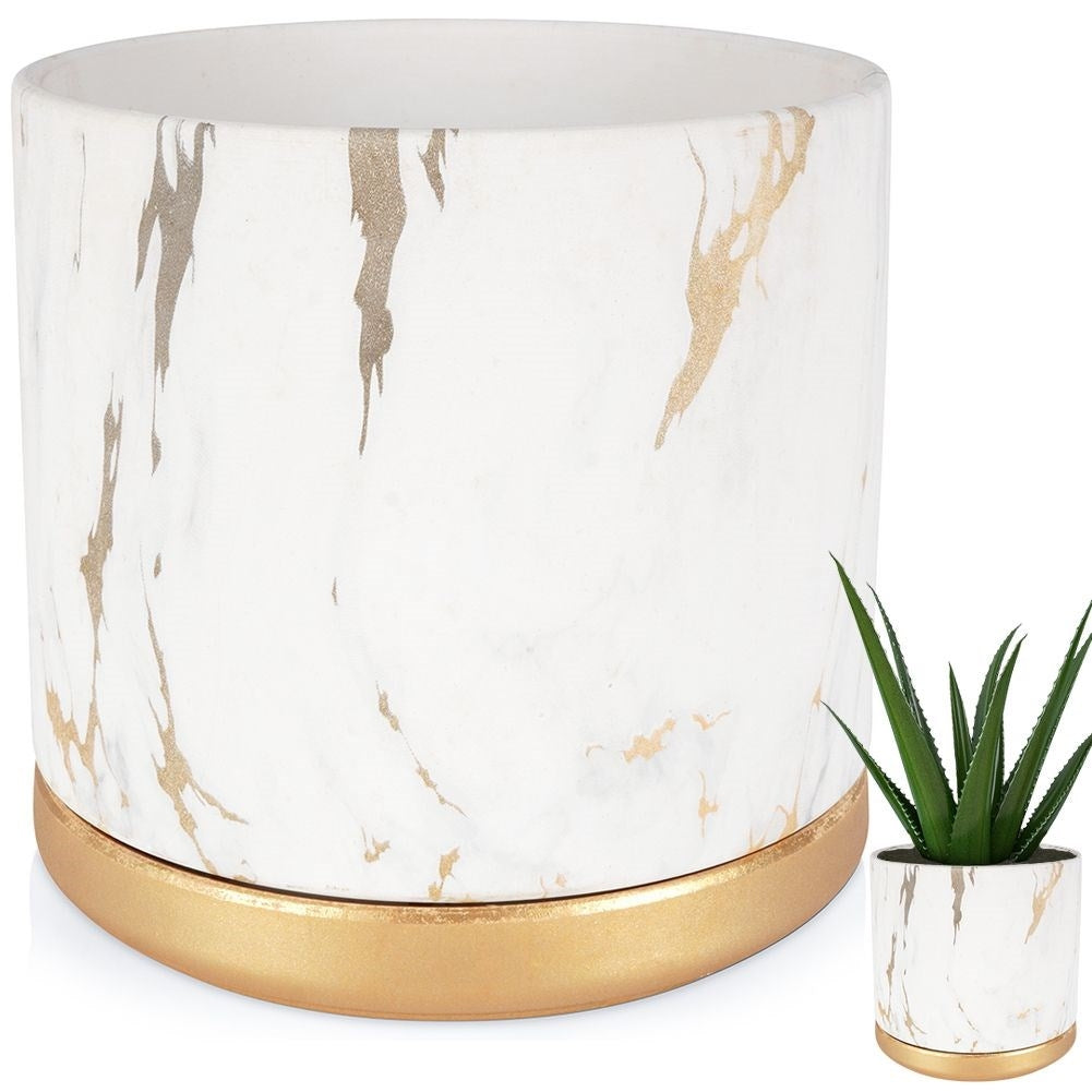 Elegant pot with saucer in marble style, white ceramic, gilded details