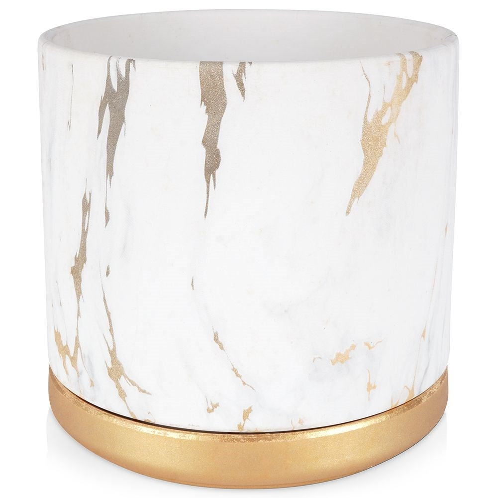 Elegant pot with saucer in marble style, white ceramic, gilded details