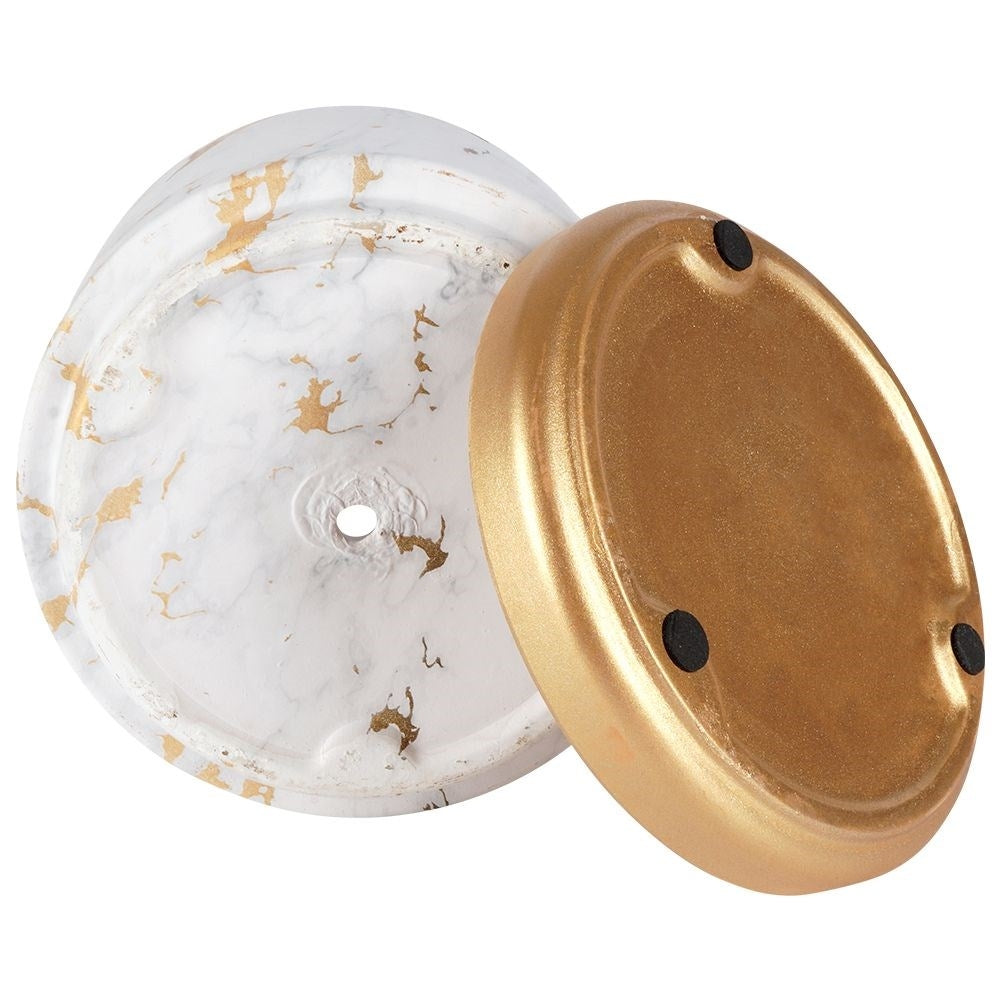 Elegant pot with saucer in marble style, white ceramic, gilded details