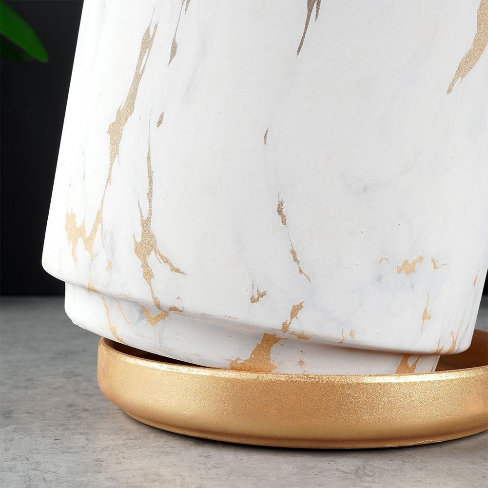 Elegant pot with saucer in marble style, white ceramic, gilded details