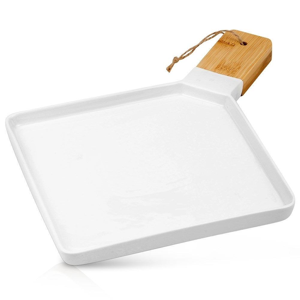 Elegant serving dish in porcelain and bamboo with handle