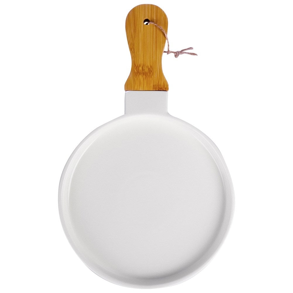 Elegant serving dish in porcelain and bamboo with handle
