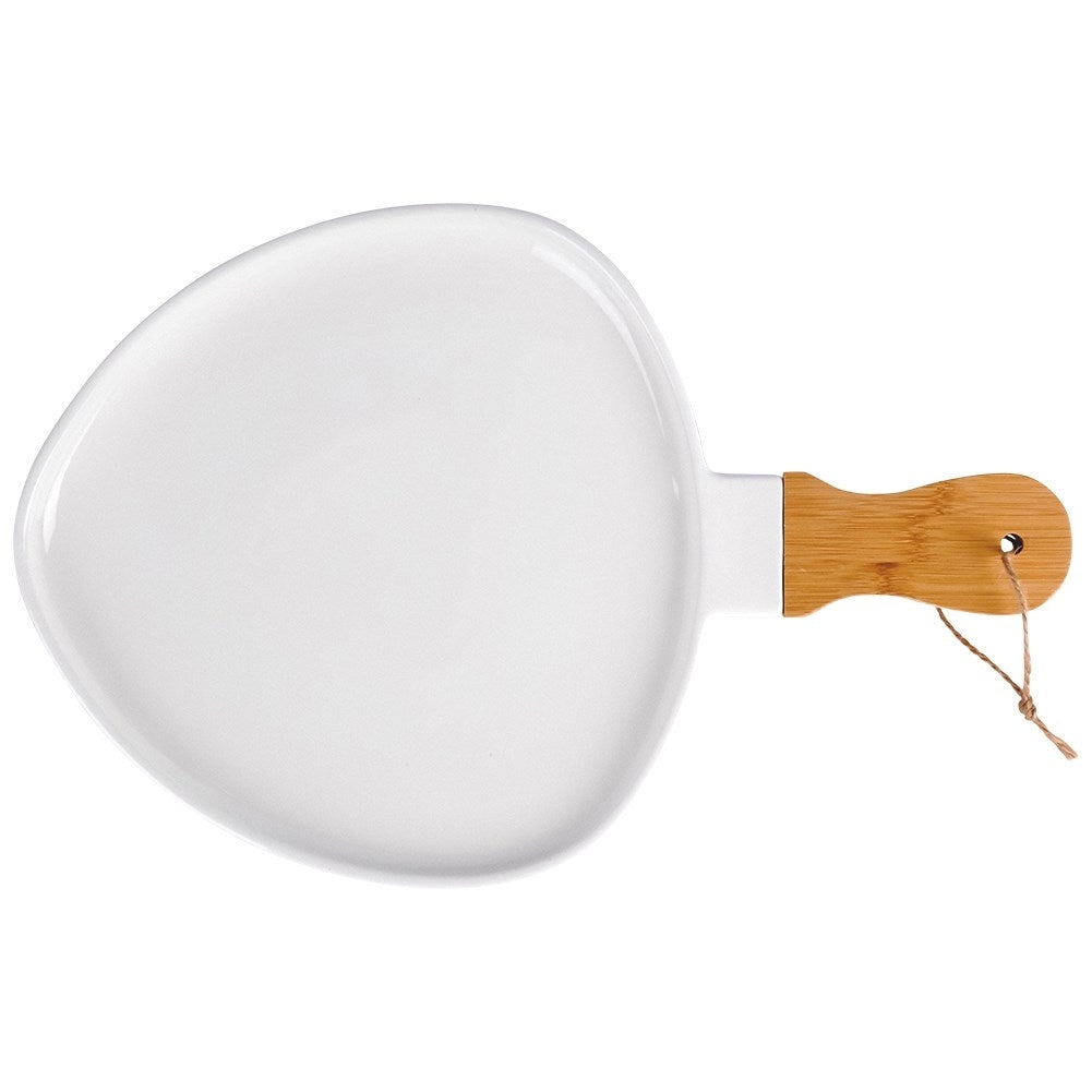 Elegant serving dish in porcelain and bamboo with handle