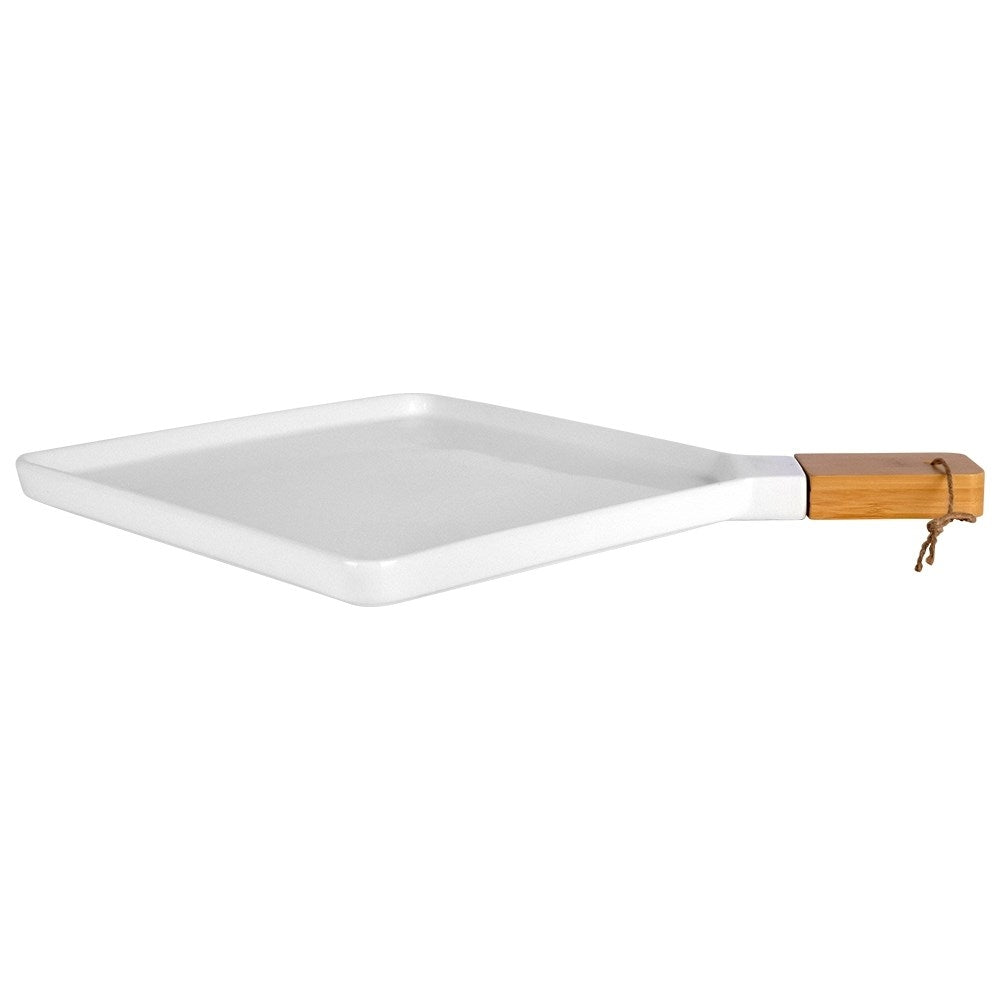 Elegant serving dish in porcelain and bamboo with handle