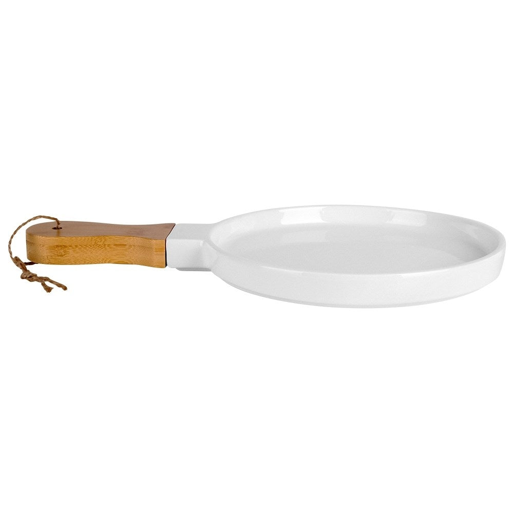 Elegant serving dish in porcelain and bamboo with handle