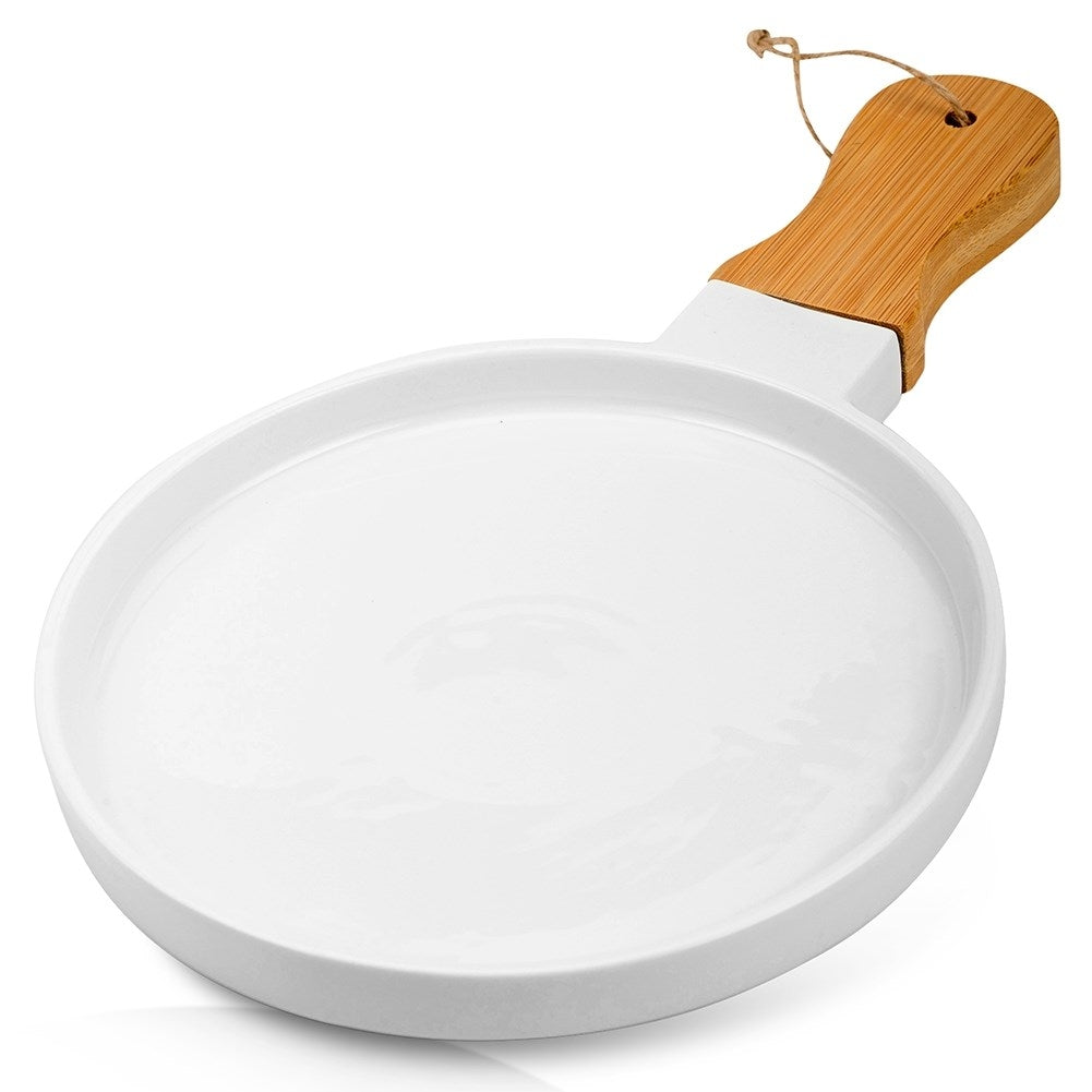 Elegant serving dish in porcelain and bamboo with handle