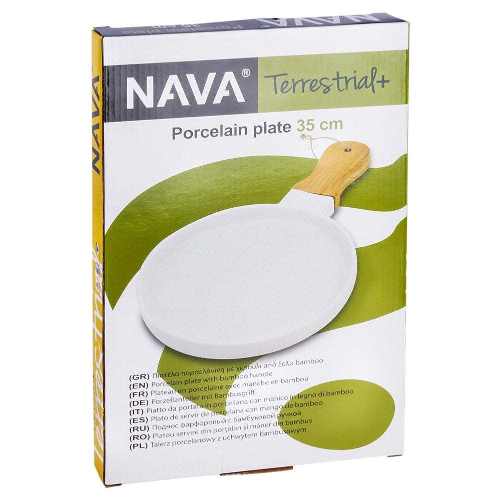 Elegant serving dish in porcelain and bamboo with handle