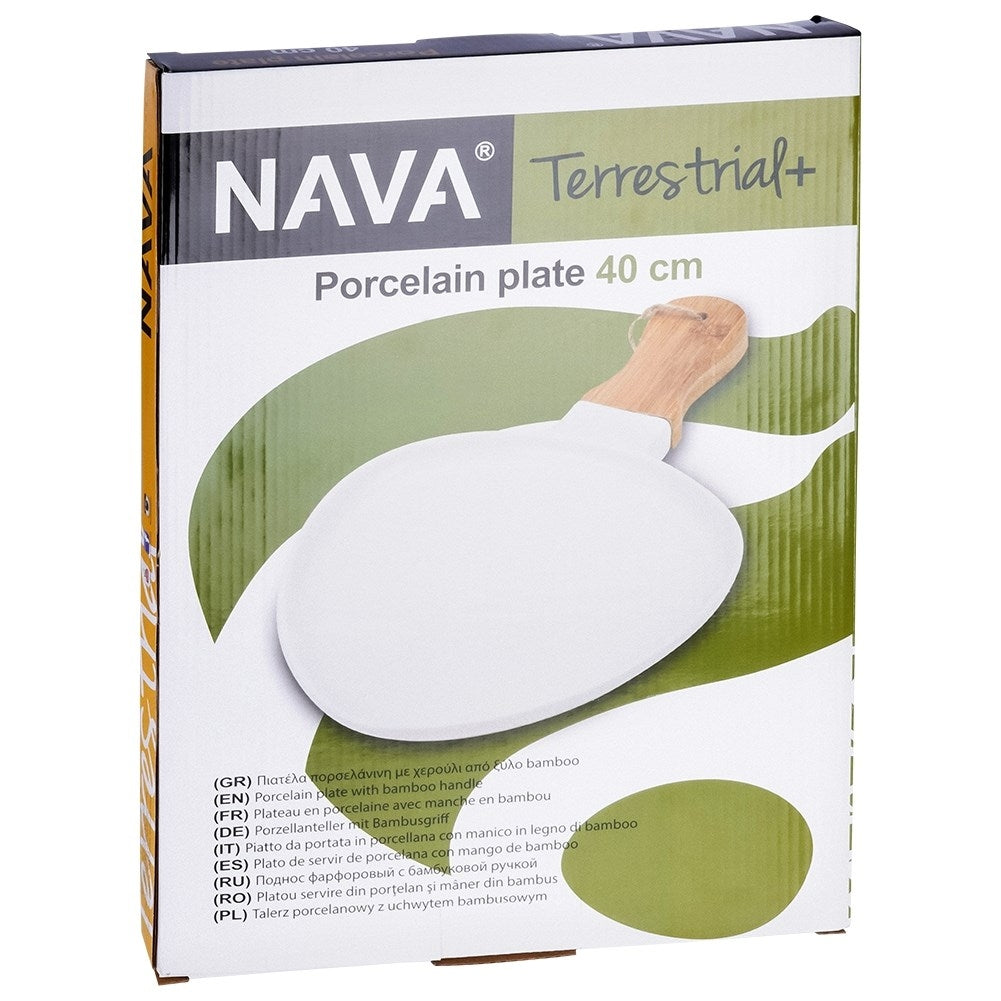 Elegant serving dish in porcelain and bamboo with handle
