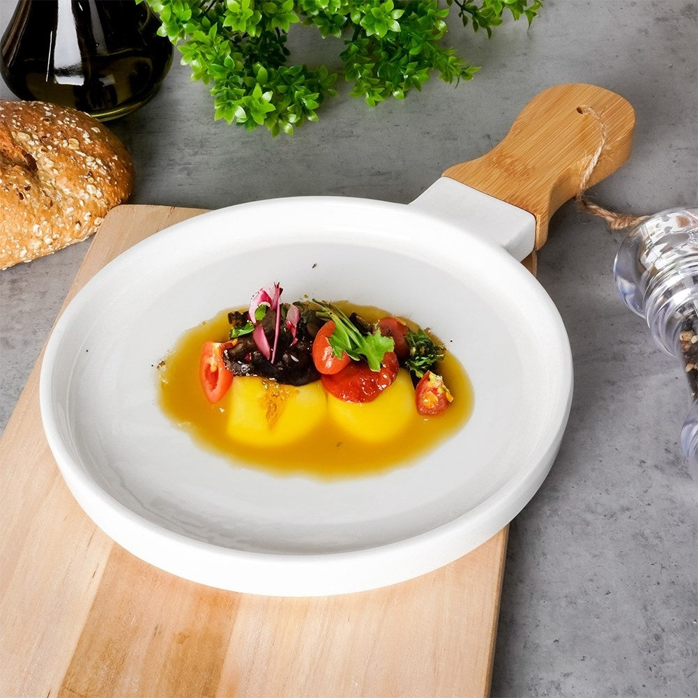 Elegant serving dish in porcelain and bamboo with handle