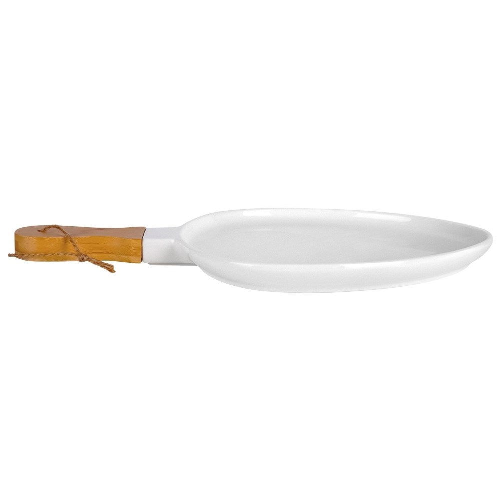 Elegant serving dish in porcelain and bamboo with handle