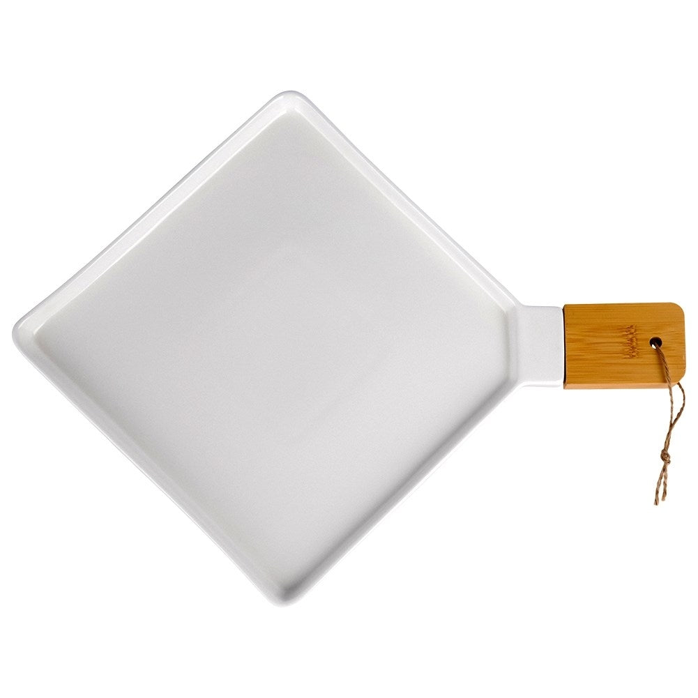 Elegant serving dish in porcelain and bamboo with handle
