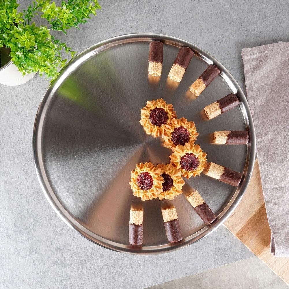 Elegant serving dish on foot in stainless steel for cakes & snacks