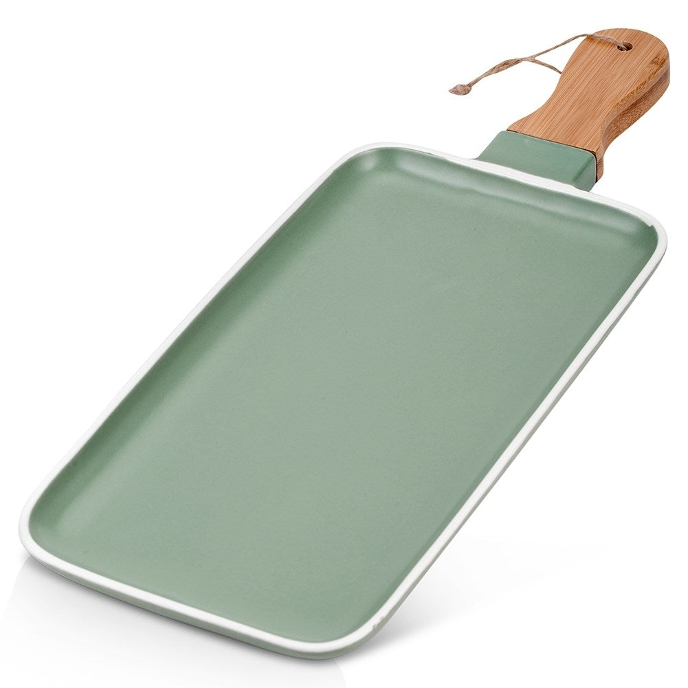 Elegant serving dish with handles in porcelain and bamboo