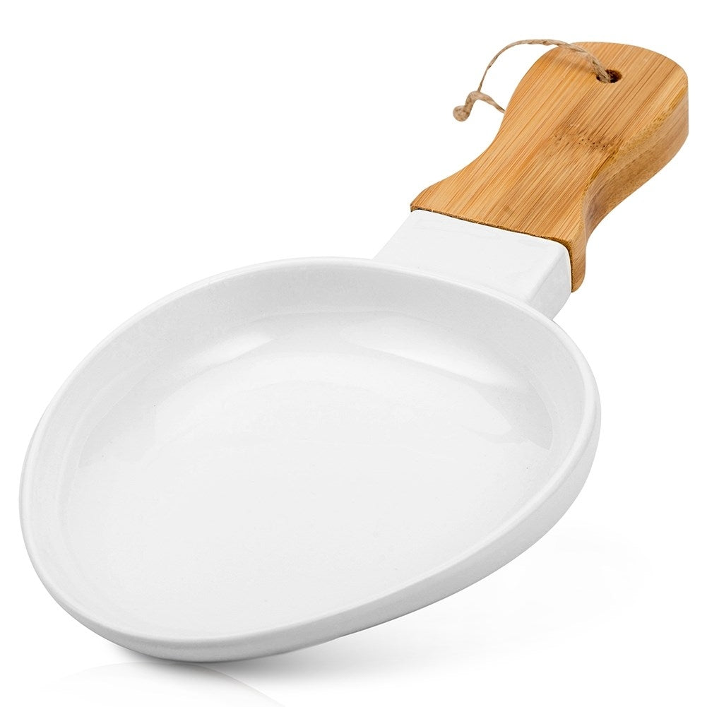 Elegant serving dish with handles in porcelain and bamboo