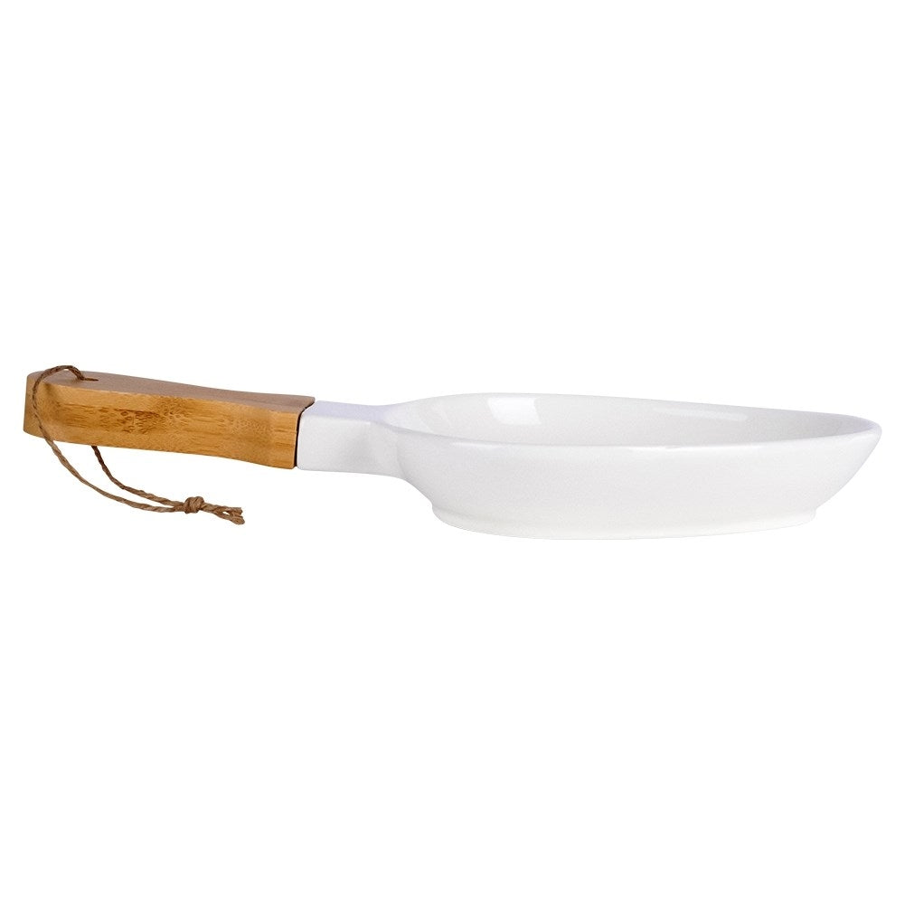 Elegant serving dish with handles in porcelain and bamboo