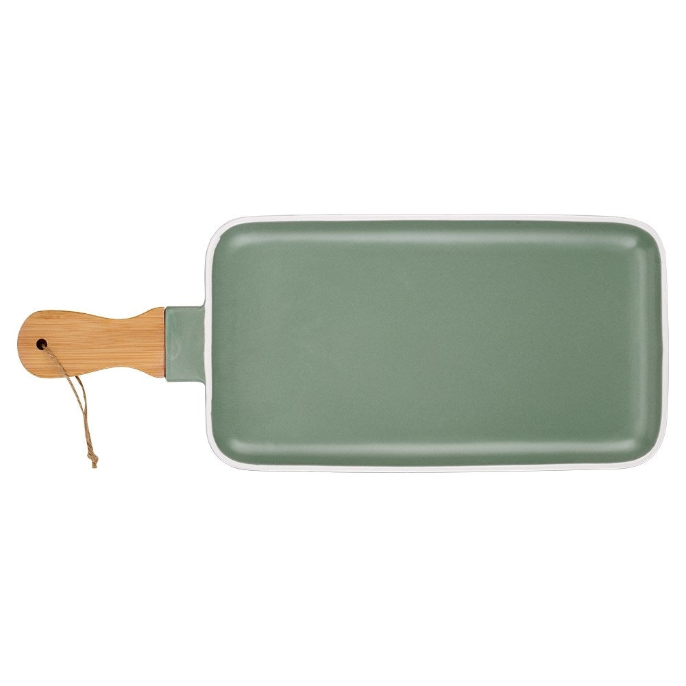 Elegant serving dish with handles in porcelain and bamboo