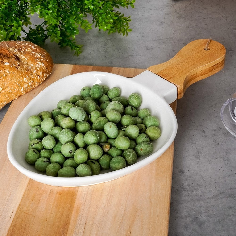 Elegant serving dish with handles in porcelain and bamboo