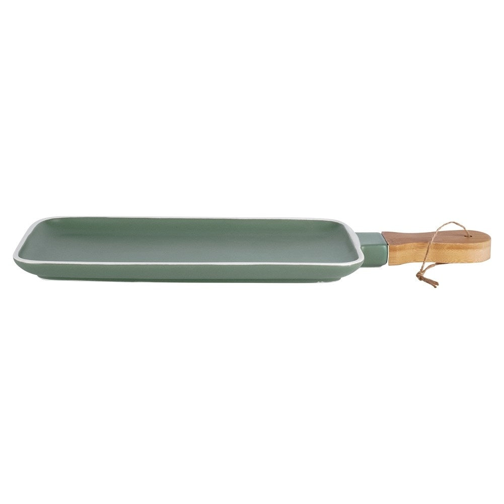 Elegant serving dish with handles in porcelain and bamboo