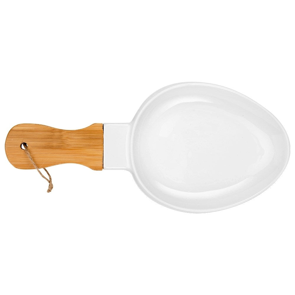 Elegant serving dish with handles in porcelain and bamboo