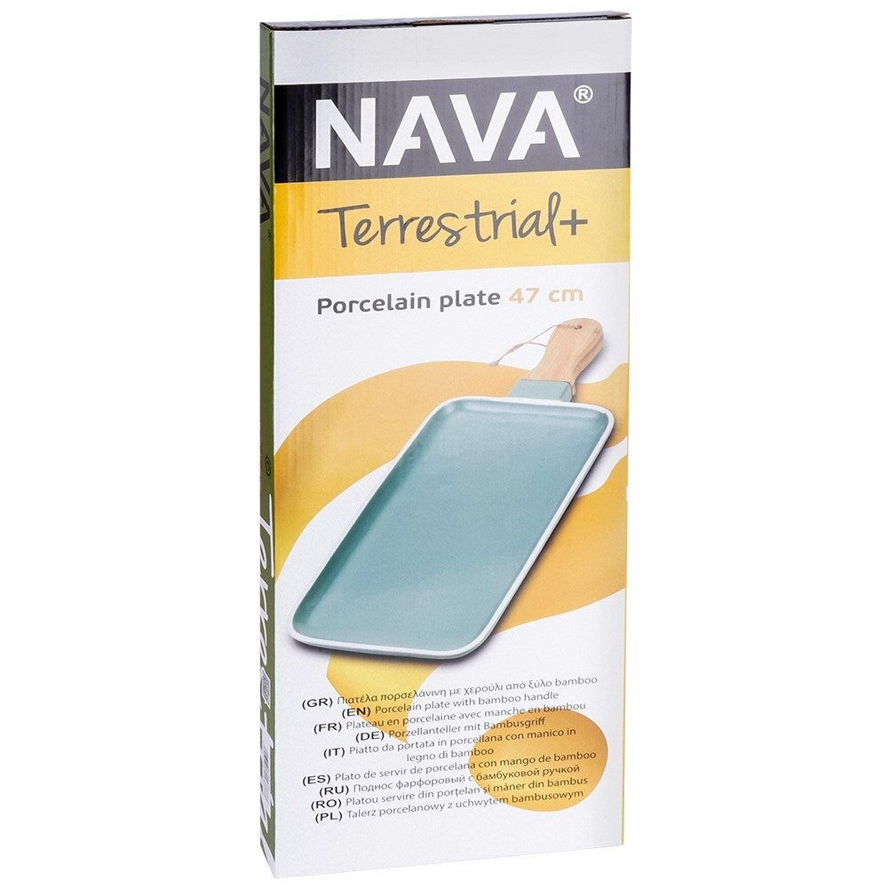 Elegant serving dish with handles in porcelain and bamboo