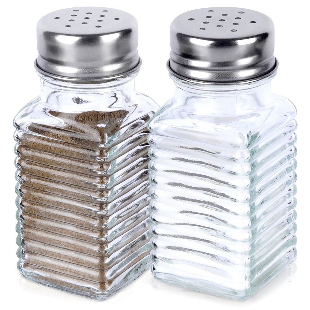 Elegant serving set for salt & pepper in glass & metal