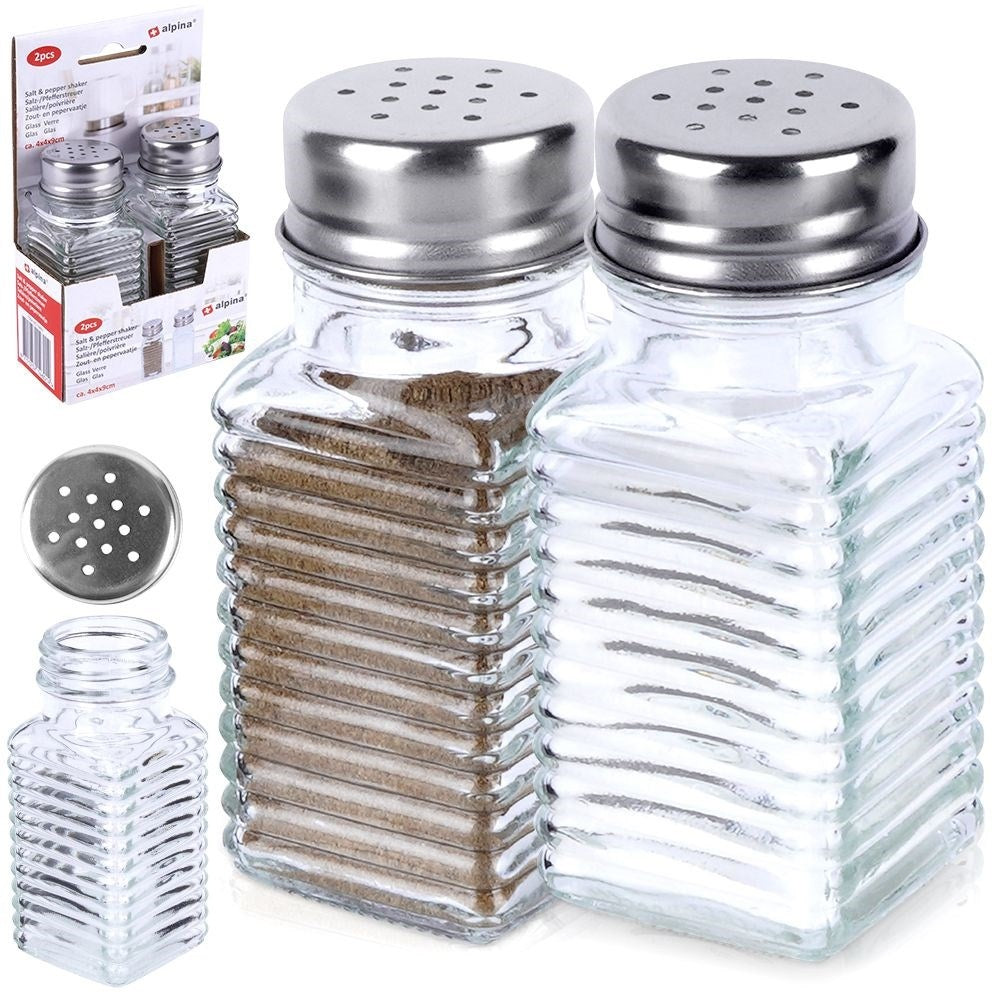 Elegant serving set for salt & pepper in glass & metal