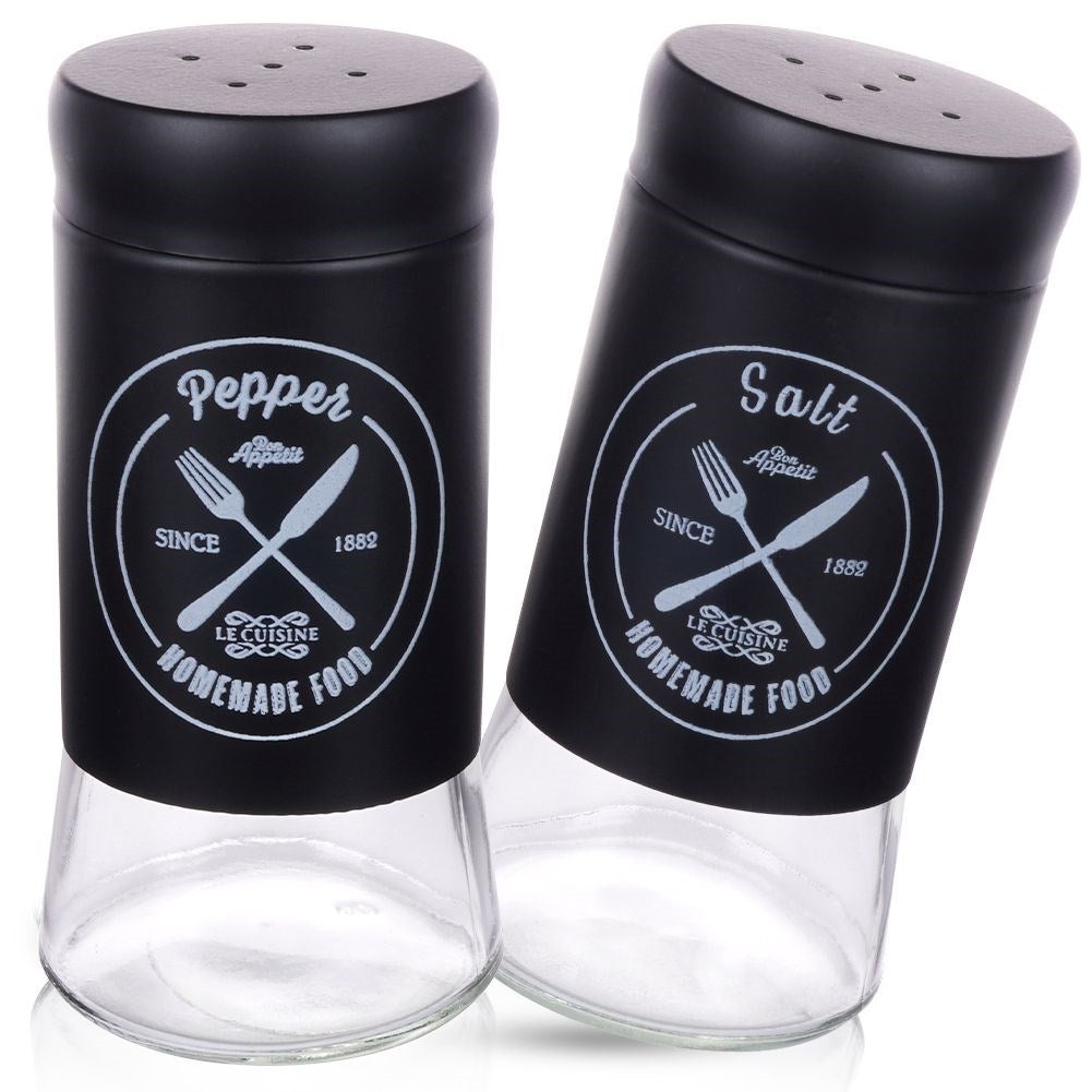 Elegant serving set in glass and black metal for salt & pepper