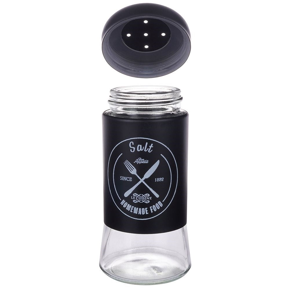 Elegant serving set in glass and black metal for salt & pepper