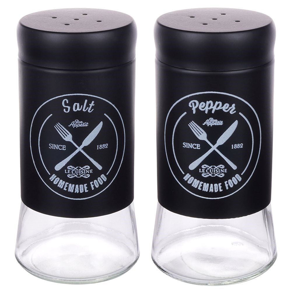 Elegant serving set in glass and black metal for salt & pepper