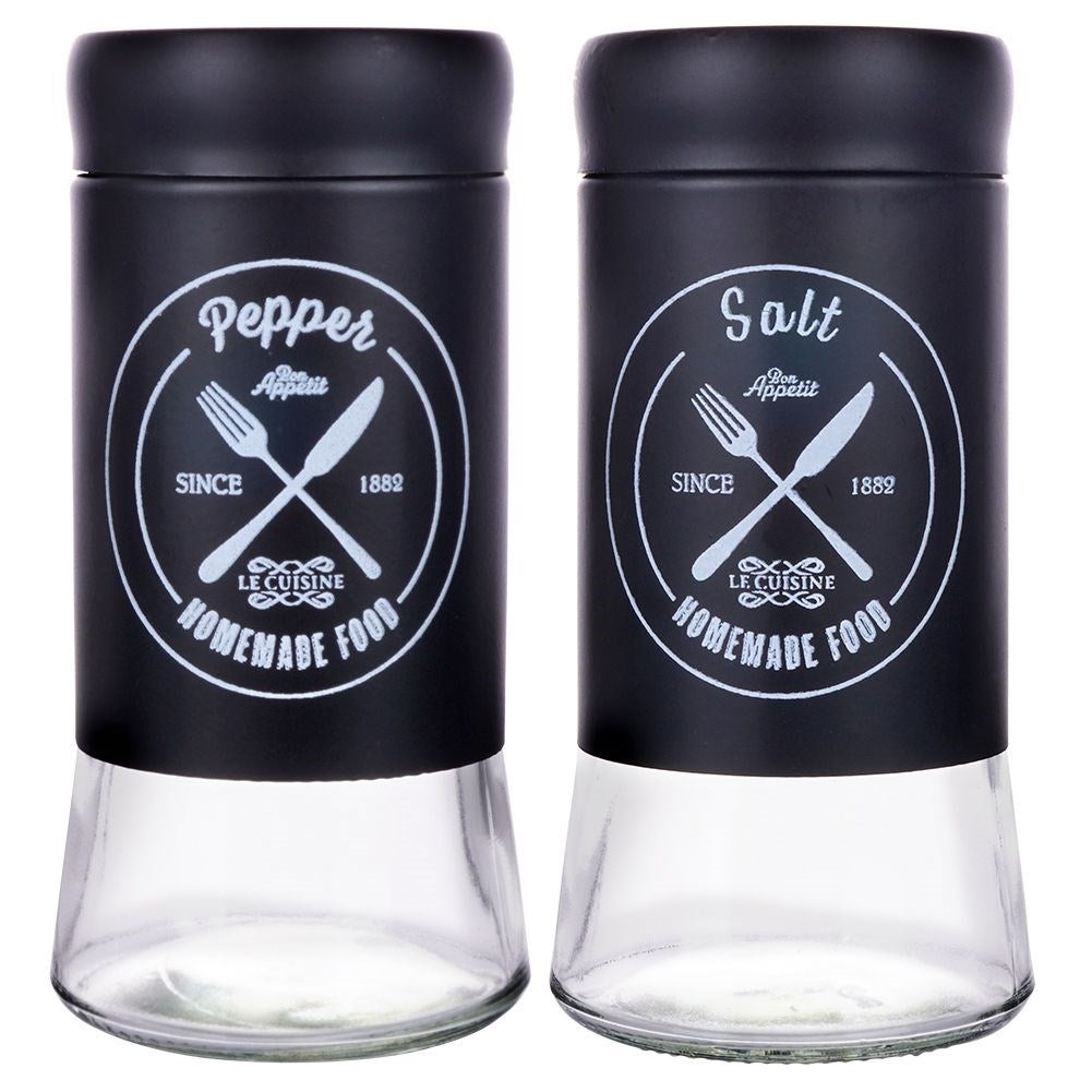 Elegant serving set in glass and black metal for salt & pepper