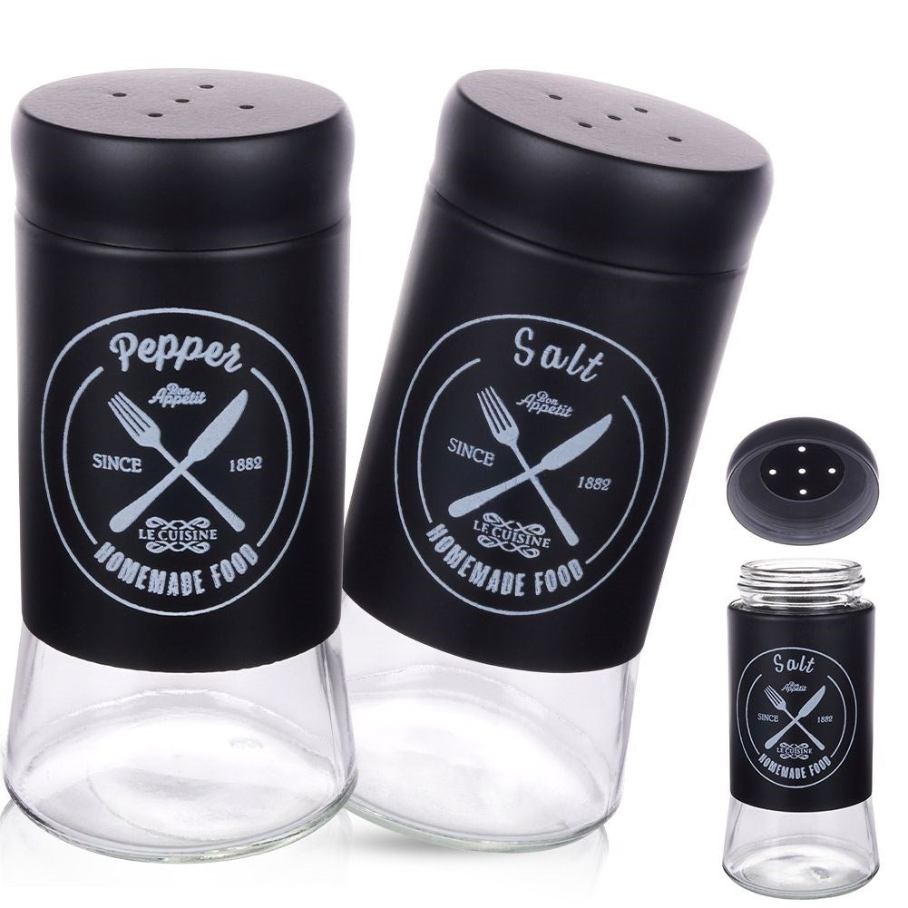 Elegant serving set in glass and black metal for salt & pepper