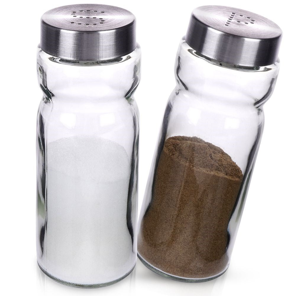 Elegant set for salt & pepper in glass and stainless steel