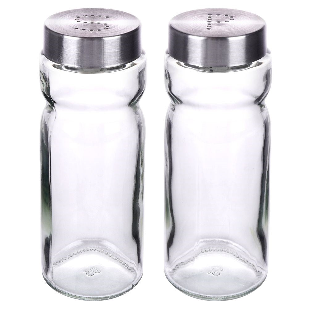 Elegant set for salt & pepper in glass and stainless steel