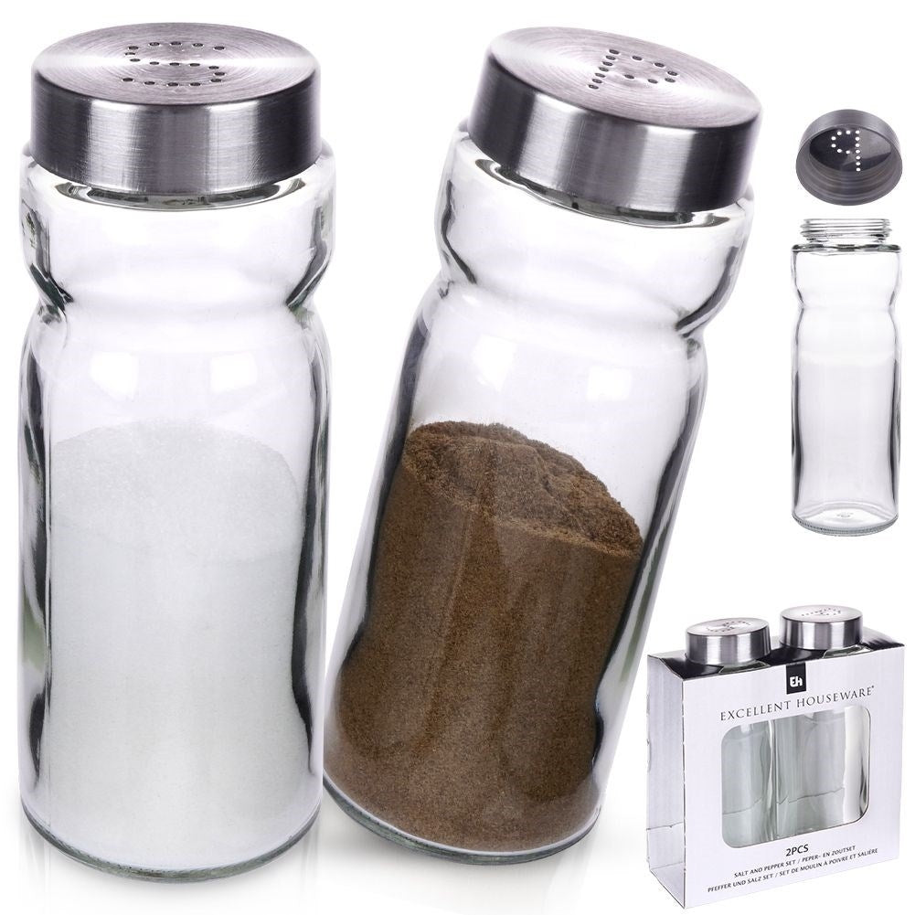 Elegant set for salt & pepper in glass and stainless steel