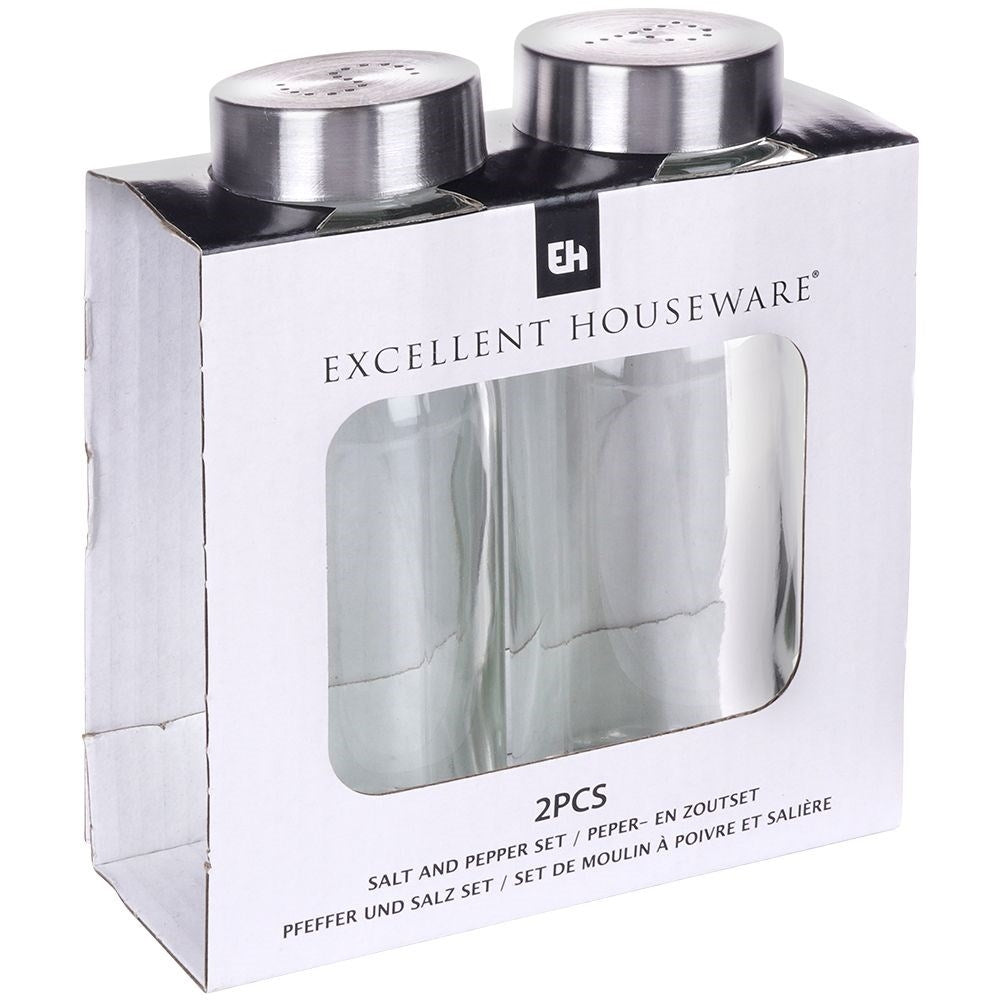 Elegant set for salt & pepper in glass and stainless steel