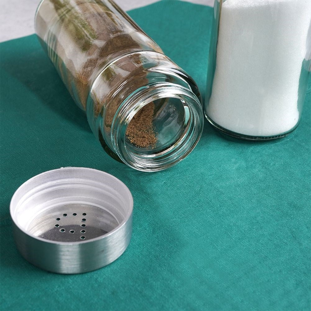 Elegant set for salt & pepper in glass and stainless steel