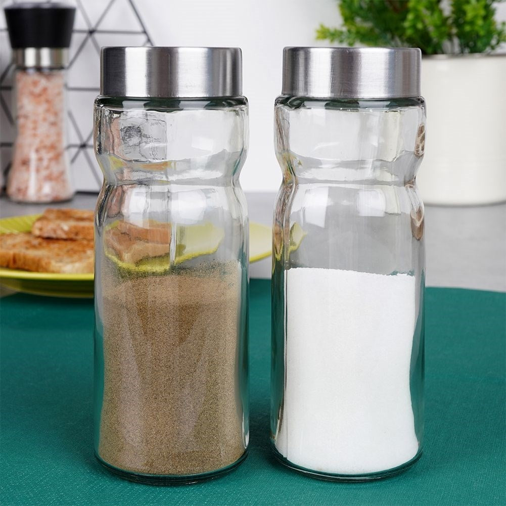 Elegant set for salt & pepper in glass and stainless steel