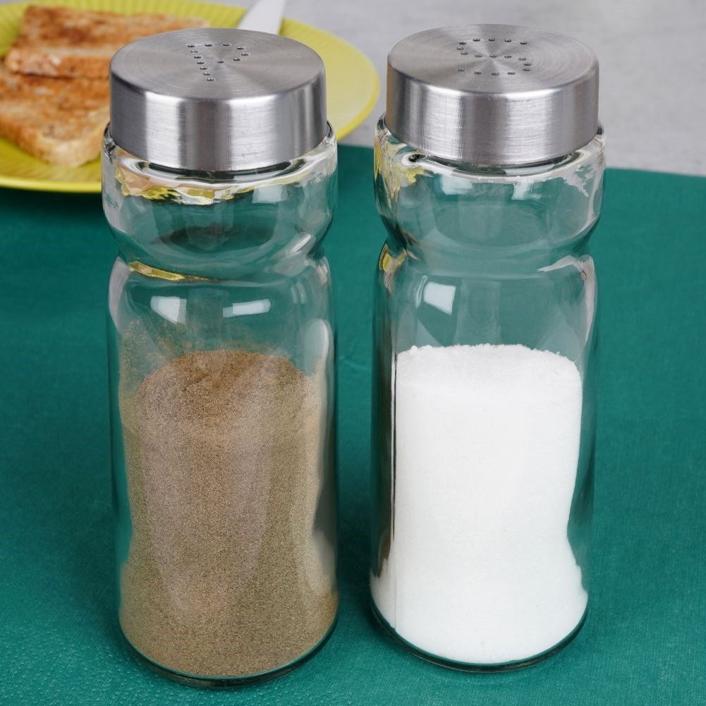 Elegant set for salt & pepper in glass and stainless steel