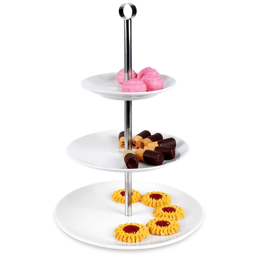 Elegant three-level serving dish in porcelain and stainless steel