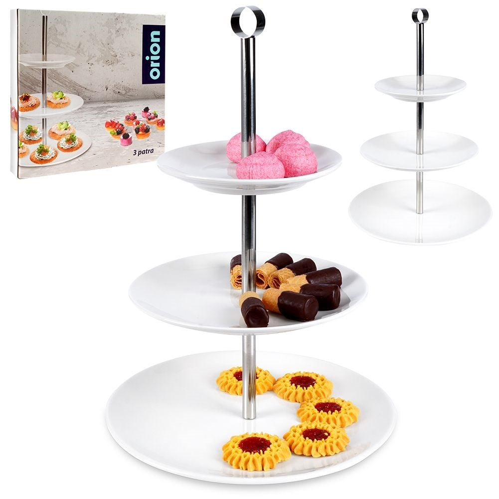 Elegant three-level serving dish in porcelain and stainless steel