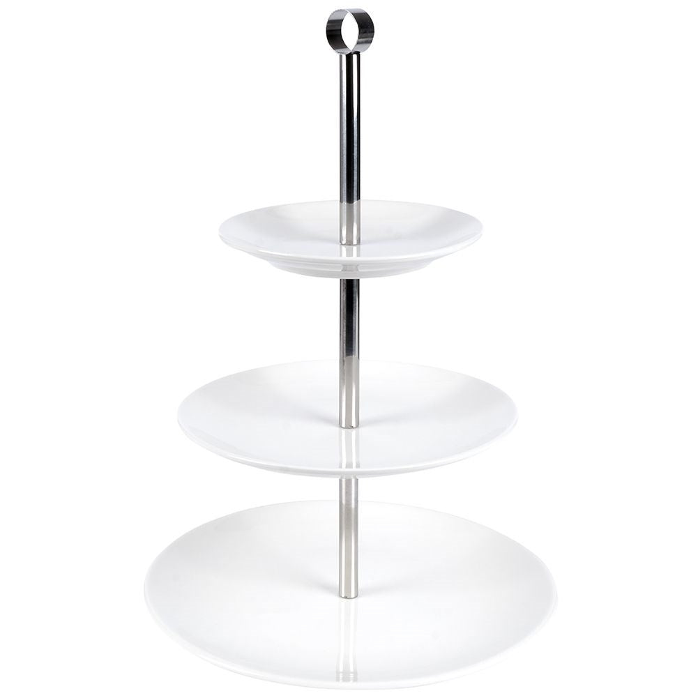 Elegant three-level serving dish in porcelain and stainless steel