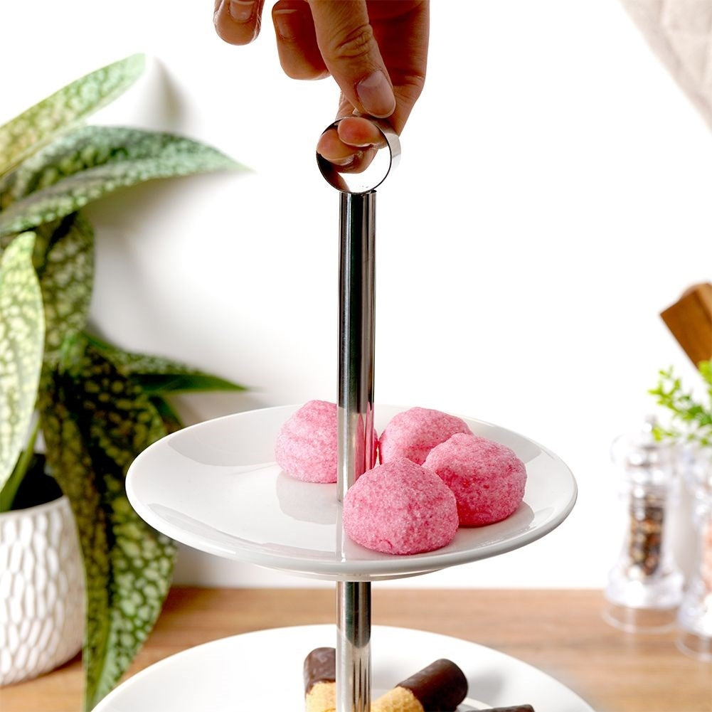 Elegant three-level serving dish in porcelain and stainless steel
