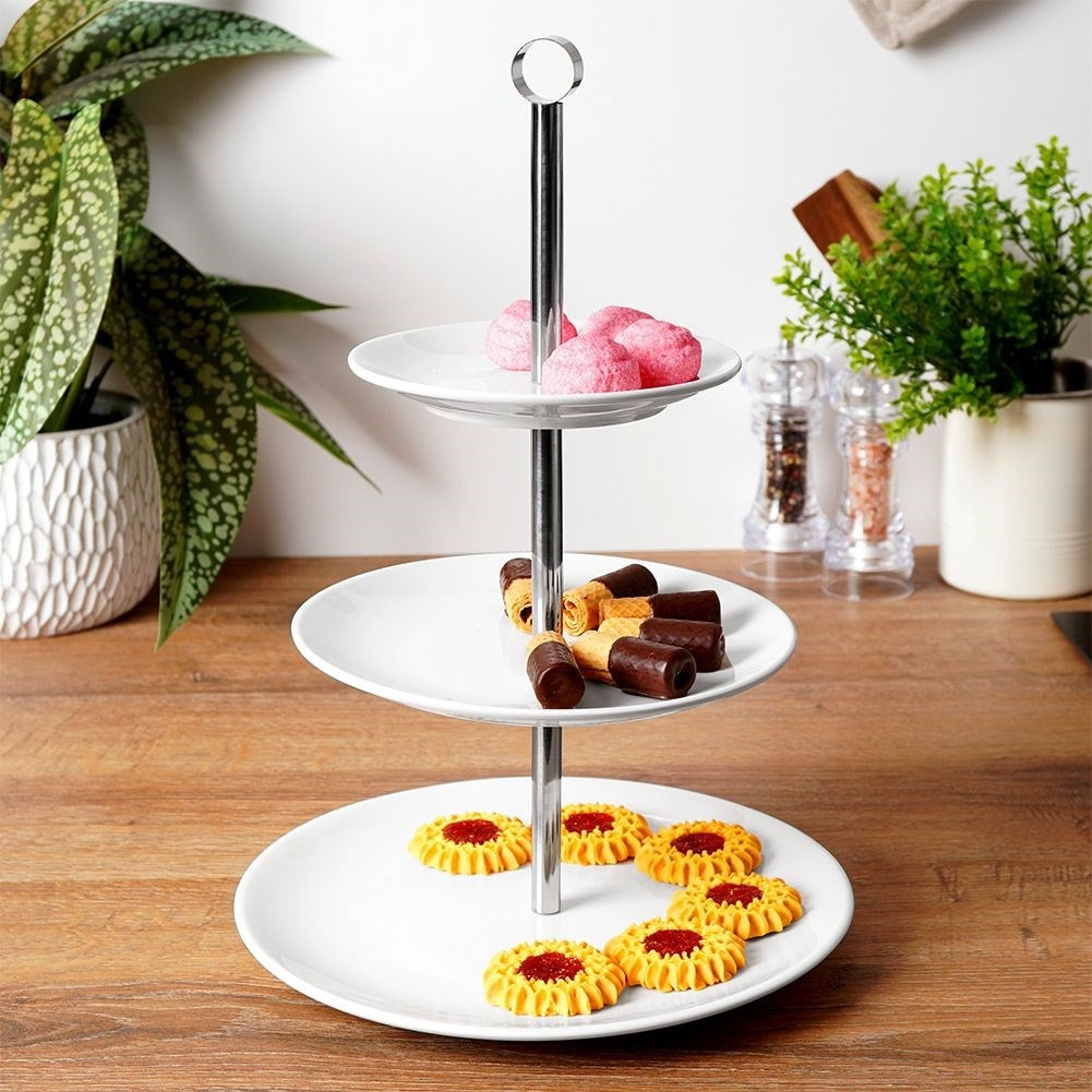 Elegant three-level serving dish in porcelain and stainless steel