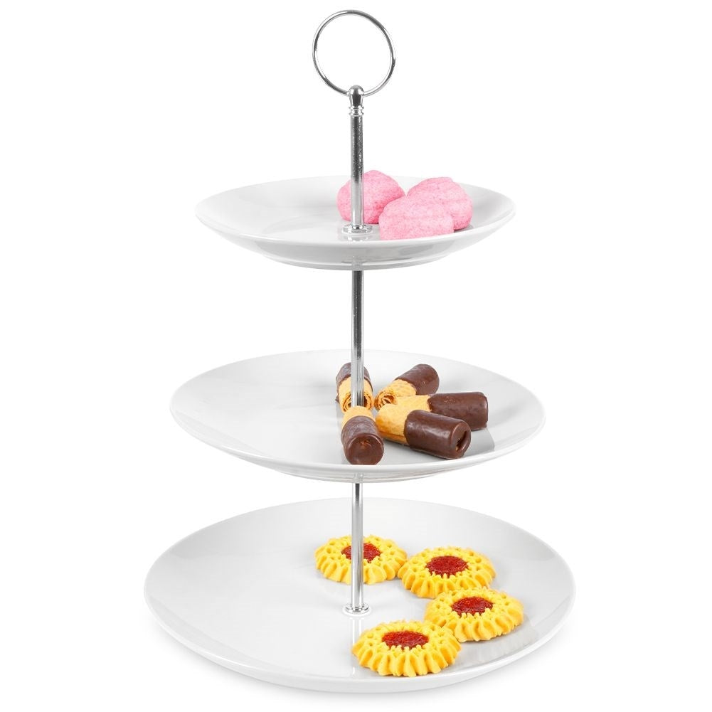 Elegant tiered dish in white porcelain for cakes and tarts