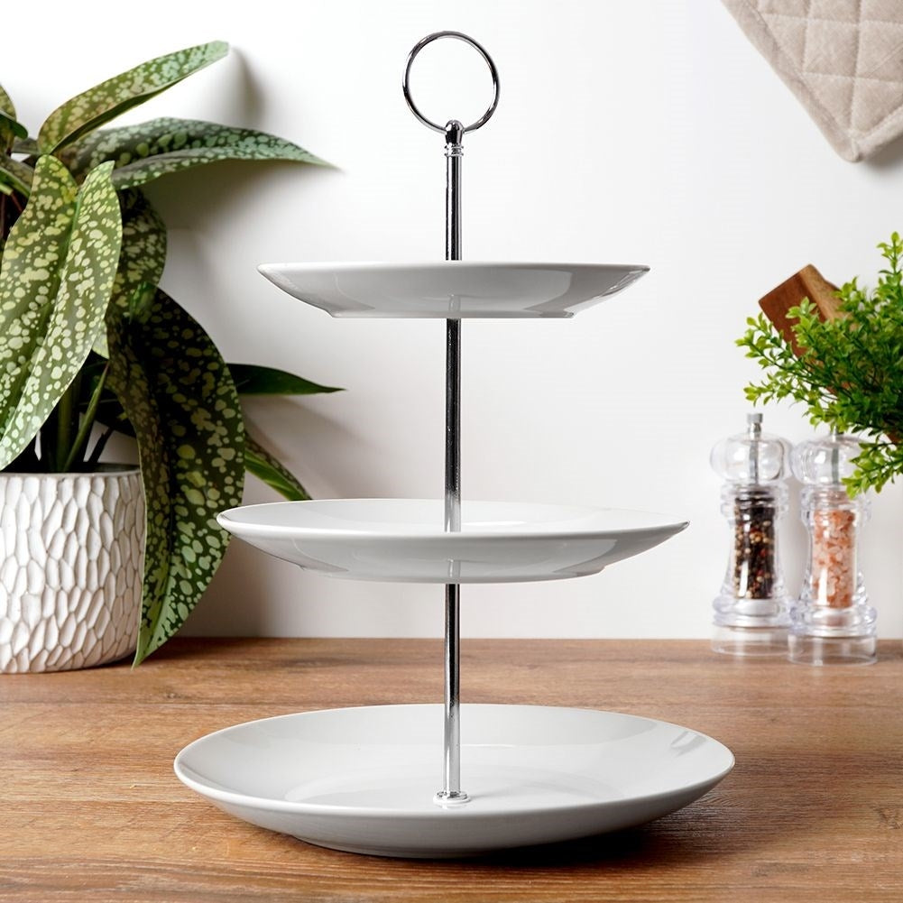 Elegant tiered dish in white porcelain for cakes and tarts