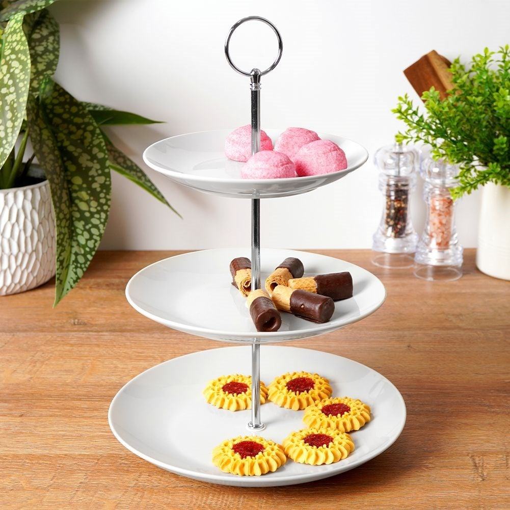 Elegant tiered dish in white porcelain for cakes and tarts