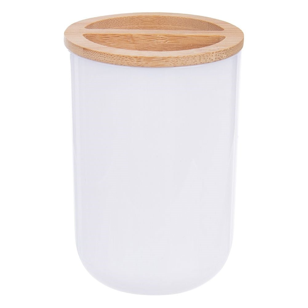 Elegant toothbrush mug in white plastic and bamboo wood