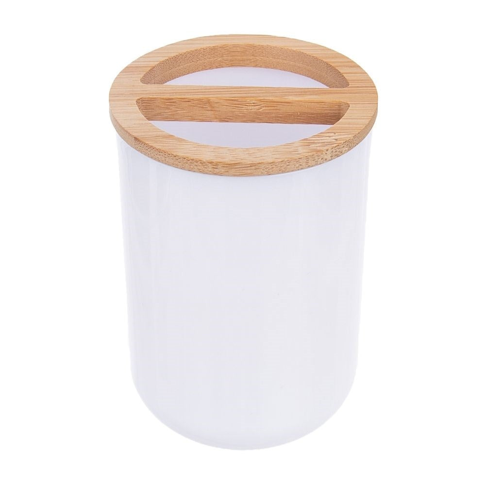 Elegant toothbrush mug in white plastic and bamboo wood