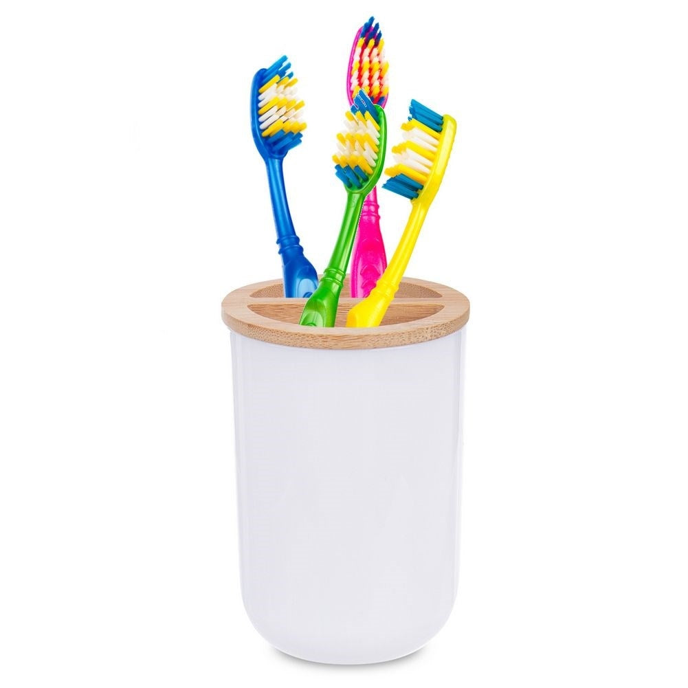 Elegant toothbrush mug in white plastic and bamboo wood